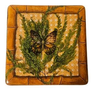 Vintage 1970s Pressed Fern Butterfly Lucite Tray Faux Bamboo Cottagecore Decor